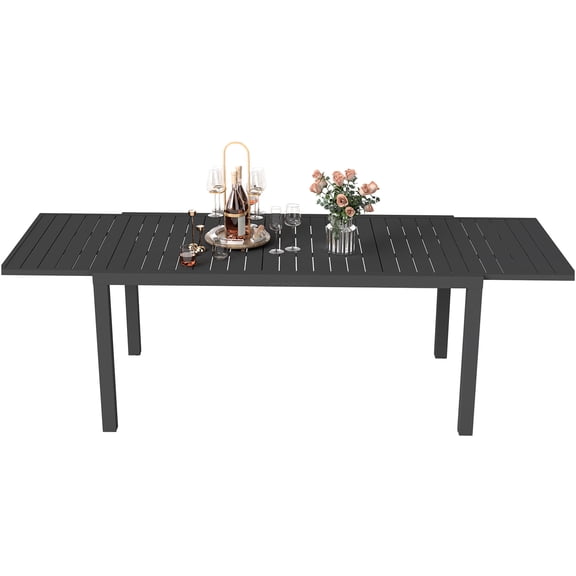 JERFIT 97 Inch Expandable Outdoor Patio Dining Table with Sliding Leaves, Weather-Resistant Aluminum Frame, Adjustable Legs for Deck, Garden, Black