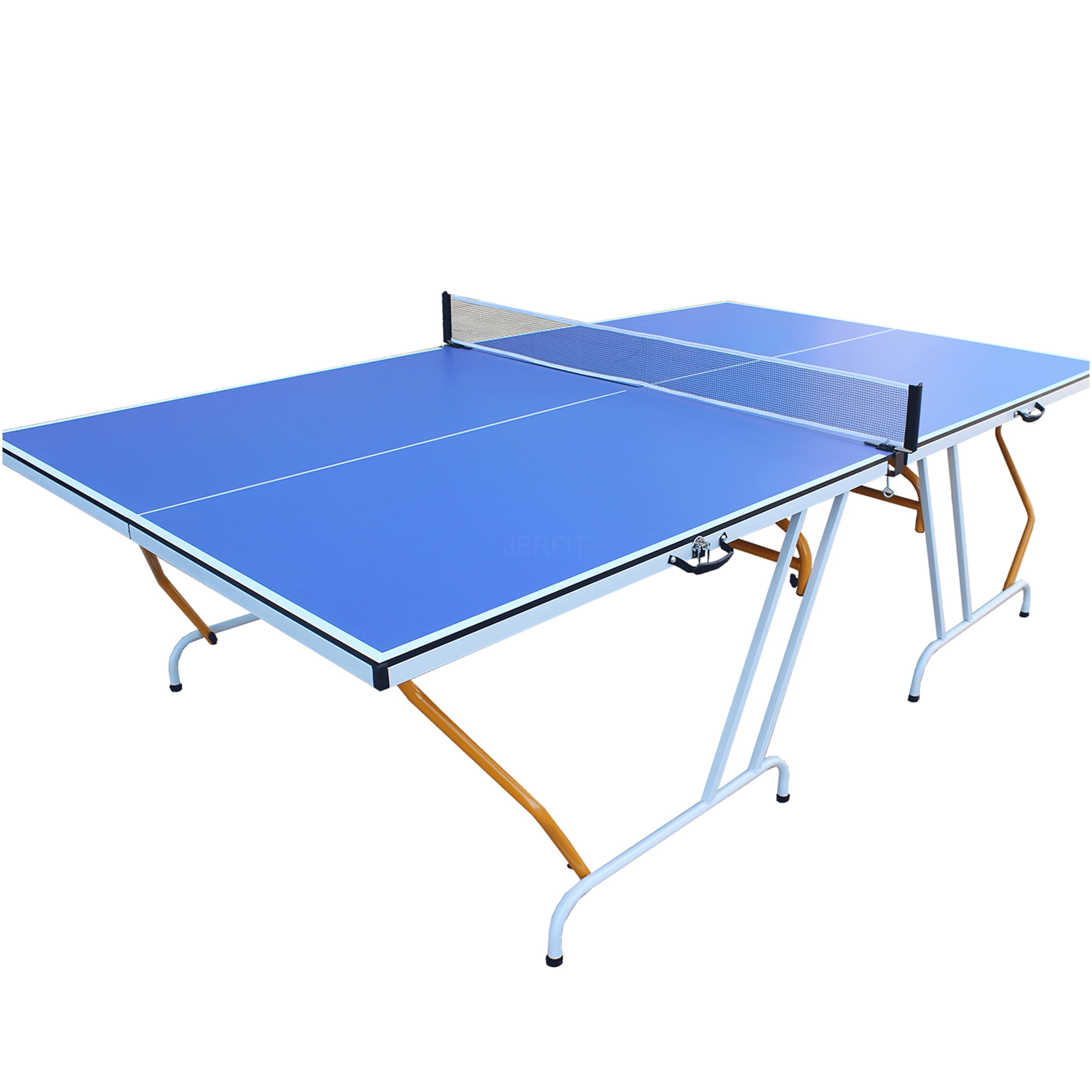JERFIT 9ft Foldable Ping Pong Table Set for Indoor Outdoor Use, Includes Net, 2 Paddles & 3 Balls, Blue MDF Top, Compact Storage