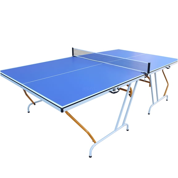 JERFIT 9ft Foldable Ping Pong Table Set for Indoor Outdoor Use, Includes Net, 2 Paddles & 3 Balls, Blue MDF Top, Compact Storage