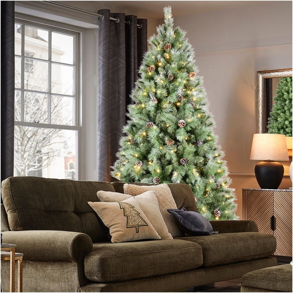 JERFIT 9ft Pre-Lit Christmas Tree with 700 Warm White LEDs, Realistic PVC Needles, 122 Pine Cones, Hinged Branches & Metal Stand for Easy Holiday Setup