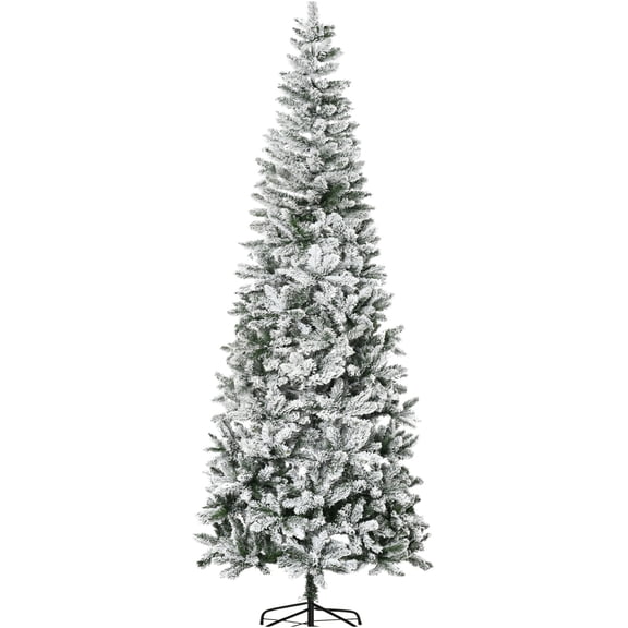 JERFIT 9ft Pre-Lit Snow Flocked Artificial Christmas Tree, Slim Pencil Pine with 1084 Realistic Tips, Auto Open & Fold Metal Base