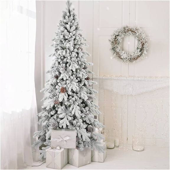 JERFIT 9ft Pre-Lit Snow Flocked Artificial Christmas Tree with Pine Cones, Hinged PVC Branches for Easy Setup, Full Slim Tree for Small Spaces