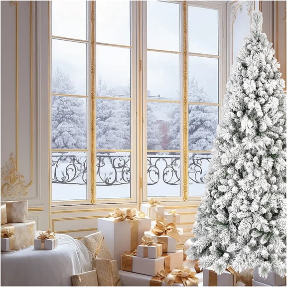 JERFIT 9ft Pre-Lit Snow Flocked Christmas Tree with 1964 PVC Tips, Hinged Sections & Metal Stand for Quick Setup, Realistic Full Artificial Holiday Tree for Home Decor