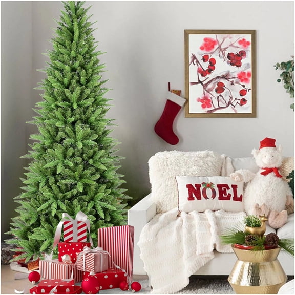 JERFIT 9ft Premium Slim Artificial Christmas Tree for Small Spaces, 2152 Realistic PVC Needles, Hinged Pencil Pine with Metal Stand, Easy Assembly Holiday Decor