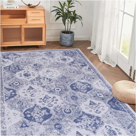 JERFIT 9x12 Washable Area Rugs for Living Room, Non-Slip Low Pile Chenille Rug, Machine Washable Stain Resistant Easy Care Rugs for Bedroom, Kitchen, Kids and Pets, Blue