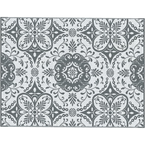 JERFIT 9x12ft Reversible Waterproof Outdoor Rug, Lightweight Polypropylene Floor Mat with Carry Bag & Stakes for Patio, Deck, Camping, Beach, RV Gray Floral