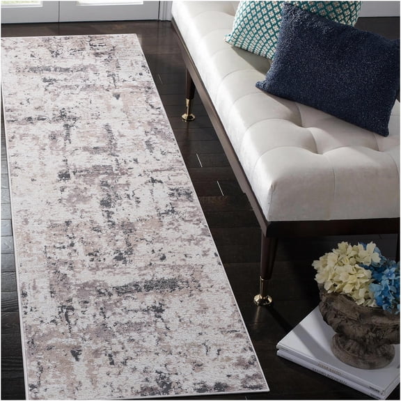 JERFIT Abstract Runner Rug 2x8 Feet, Non-Shedding Stain Resistant Polyester Area Rug for Living Room, Bedroom, Kitchen, Cream and Brown