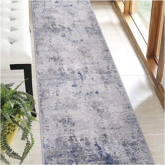 JERFIT Abstract Silver Runner Rug for Hallway, Non-Shedding Stain Resistant Polyester Area Rug, Soft Medium Pile Low Profile Carpet for Living Room, Bedroom, Kitchen