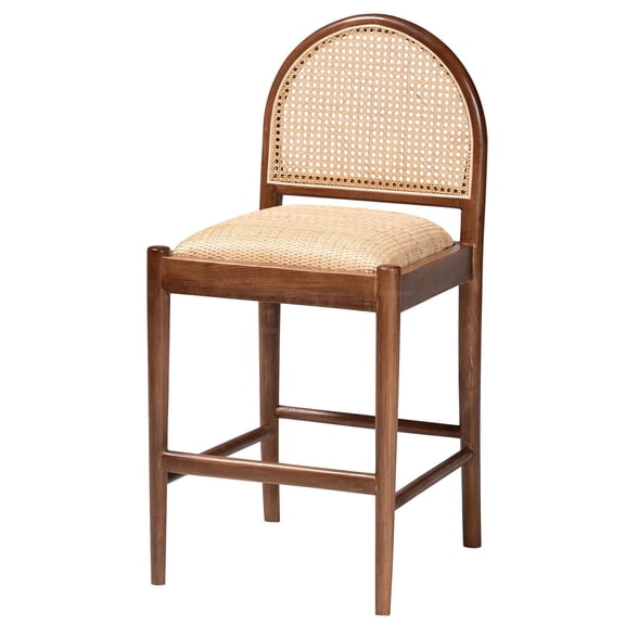 JERFIT Acacia Wood Counter Stool with Rattan Weaving, Brown Fully Assembled Bar Stool with Cushion and Footrest