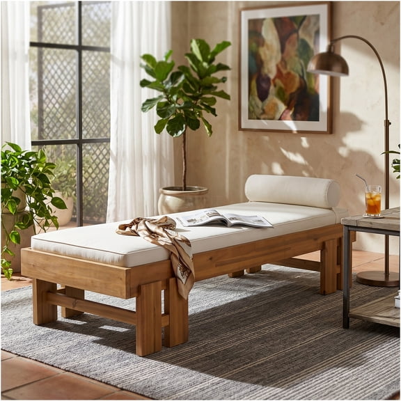 JERFIT Acacia Wood Daybed in Teak Tone with Cream Cushion and Pillow, Dual Indoor Outdoor Use, Washable Cover Included