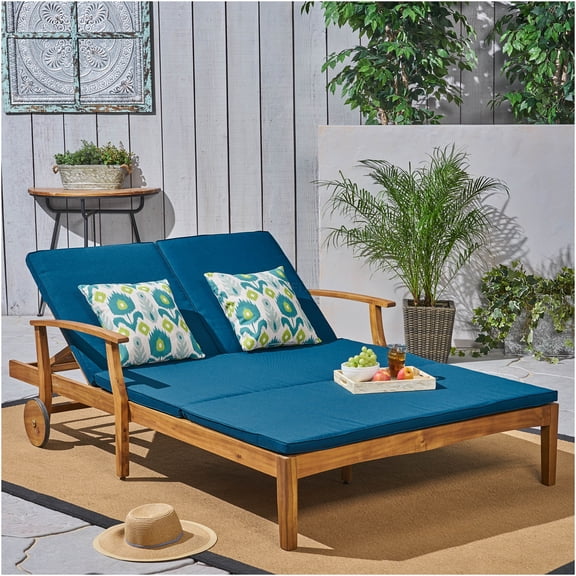 JERFIT Acacia Wood Double Chaise Lounge with Cushions, Teak Patio Outdoor Adjustable Sunbathing Recliner for Poolside, Porch, Garden