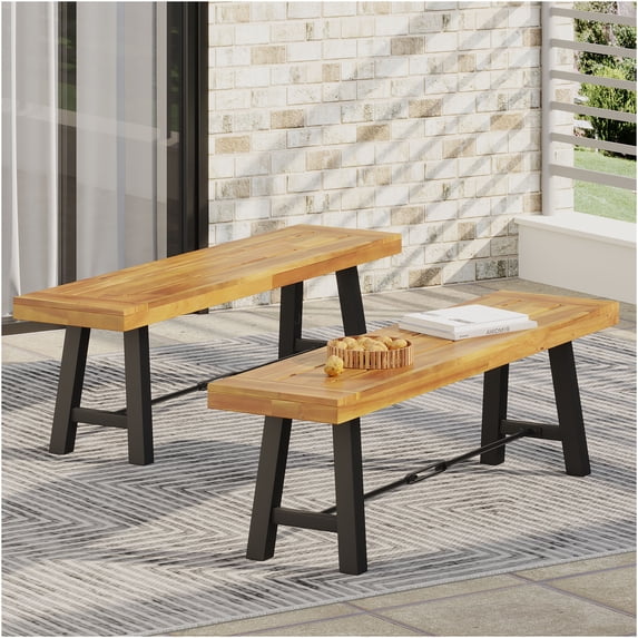 JERFIT Acacia Wood Outdoor Bench with Backrest, Teak Weather-Resistant Patio Garden Seating Slat Bench for Porch, Deck, Lawn