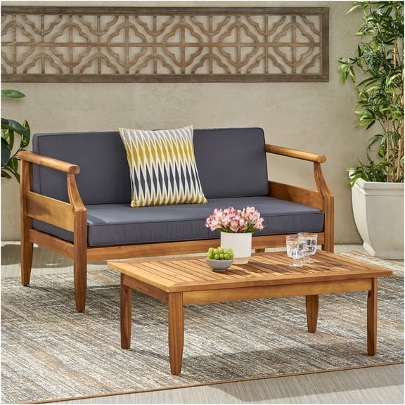 JERFIT Acacia Wood Patio Loveseat Set with Coffee Table, Teak Finish & Water-Resistant Dark Gray Cushions for Outdoor Garden, Porch, Deck