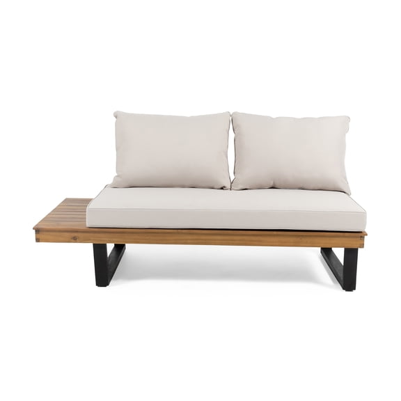 JERFIT Acacia Wood Sofa Bed, 2-Seater Convertible Sleeper Loveseat Couch with Storage Ottoman, Beige