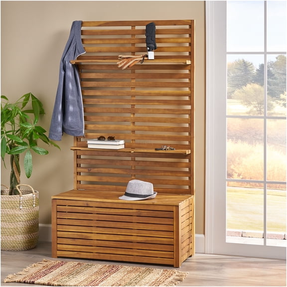 JERFIT Acacia Wood Storage Bench with Shoe Rack, Teak Finish Entryway Organizer Bench with Shelves for Hallway, Mudroom