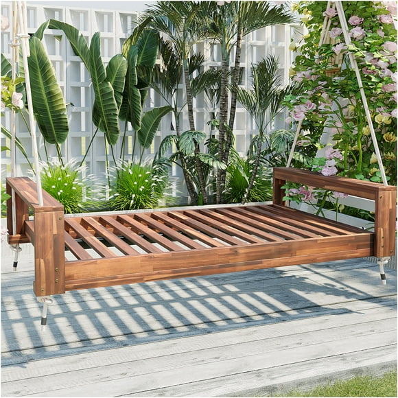JERFIT Acacia Wood Twin Size Porch Swing Bed for Outdoor, Patio Hanging Bed with Hemp Ropes, Natural Wood Garden Swing Seat