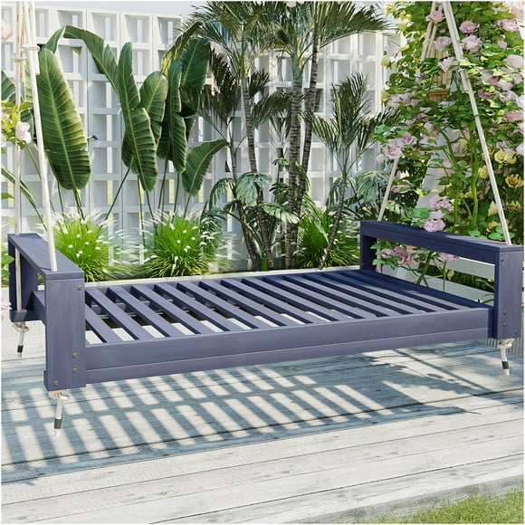 JERFIT Acacia Wood Twin Size Porch Swing Bed with Hemp Ropes, Gray Outdoor Hanging Bed for Patio, Garden, Backyard