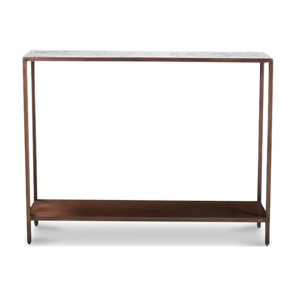 JERFIT Accent Side Console Unit with White Marble Surface, Brown Iron Base and Antique Copper Accents for Living Room Placement