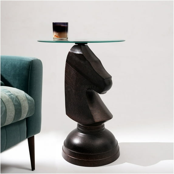 JERFIT Accent Table with Horse Sculpture Base, Antique Brass Finish Glass End Table for Living Room, Bedroom, or Office Décor