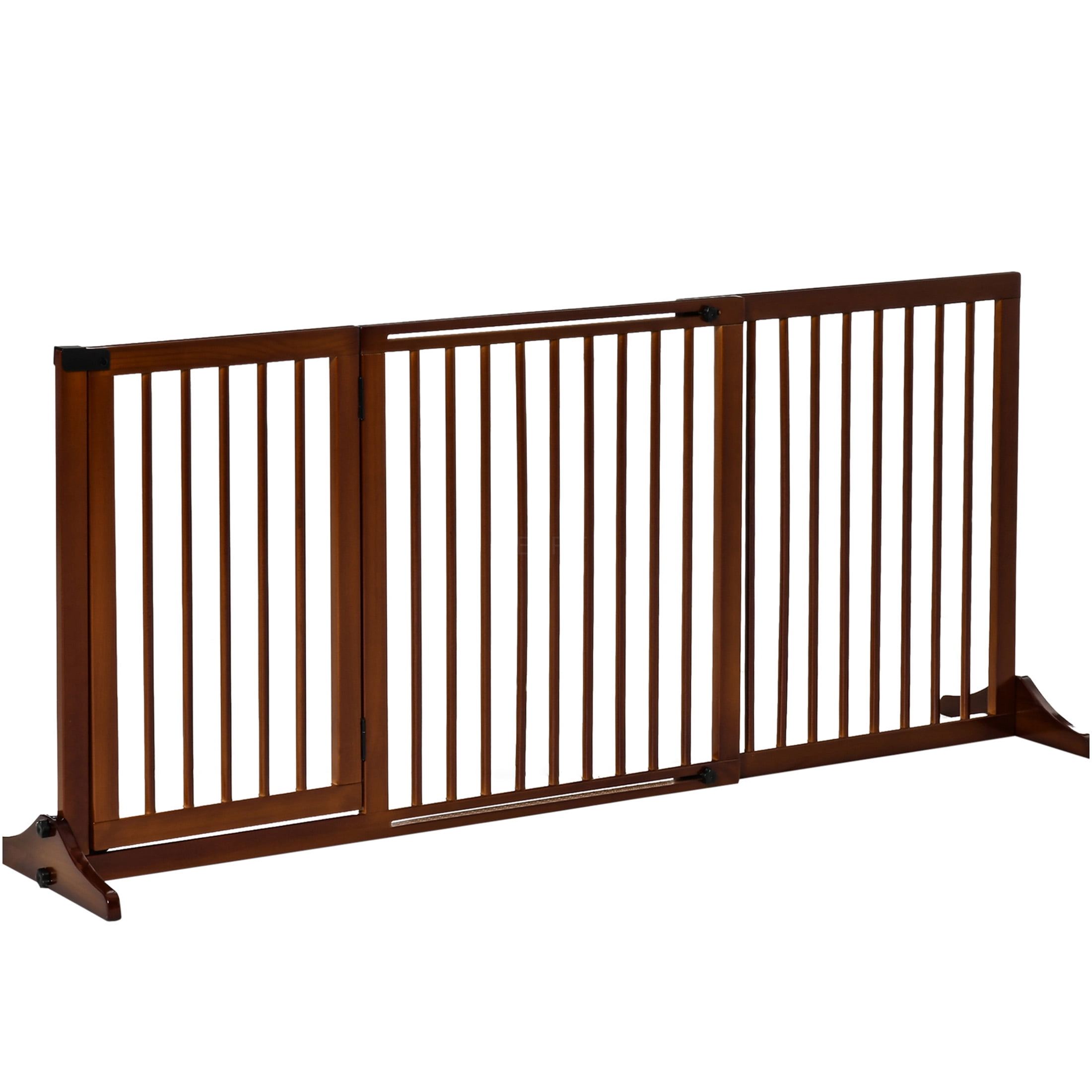 JERFIT Adjustable 3-Panel Freestanding Pet Gate with Locking Door, 44.5"-65.25" L x 28" H, Brown Wood Dog Fence for Doorways & Stairs
