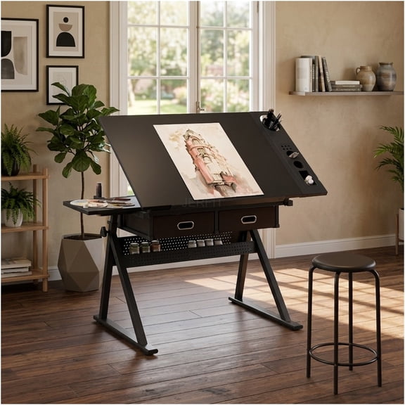 JERFIT Adjustable Drafting Table with Stool, Black Drawing Desk with 2 Drawers, Tiltable Tabletop for Artists, Architects, Students, Home Office