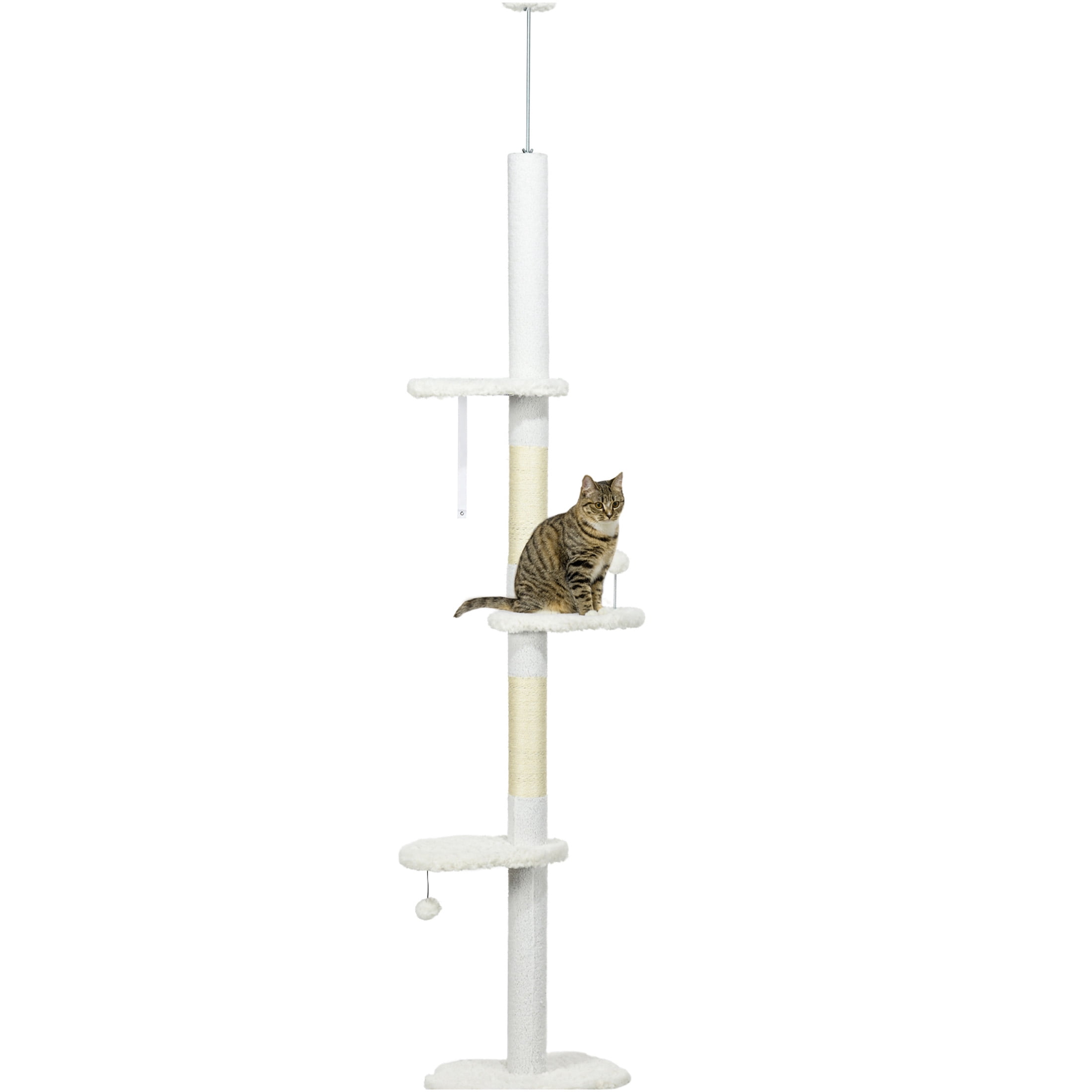 JERFIT Adjustable Floor to Ceiling Cat Tree, 88.5"-100.5" Tall Cat Tower with Scratching Posts, Cloud Perches, Hanging Toys & Anti-Tip Safety Wall Mount for Indoor Cats, White