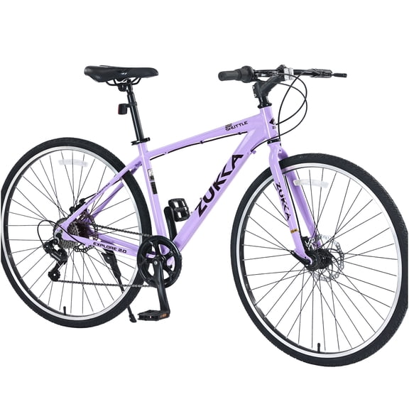 JERFIT Adult 700C Hybrid Road Bike, 7-Speed Shimano Gears, Purple Aluminum Frame, Dual Disc Brakes for Men & Women