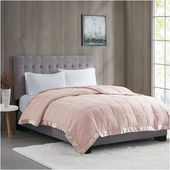 JERFIT All-Season Down Alternative Blanket, Blush Satin Edge, Hypoallergenic & OEKO-TEX Certified, Lightweight & Breathable, Machine Washable, Full/Queen Size 90x90 Inches