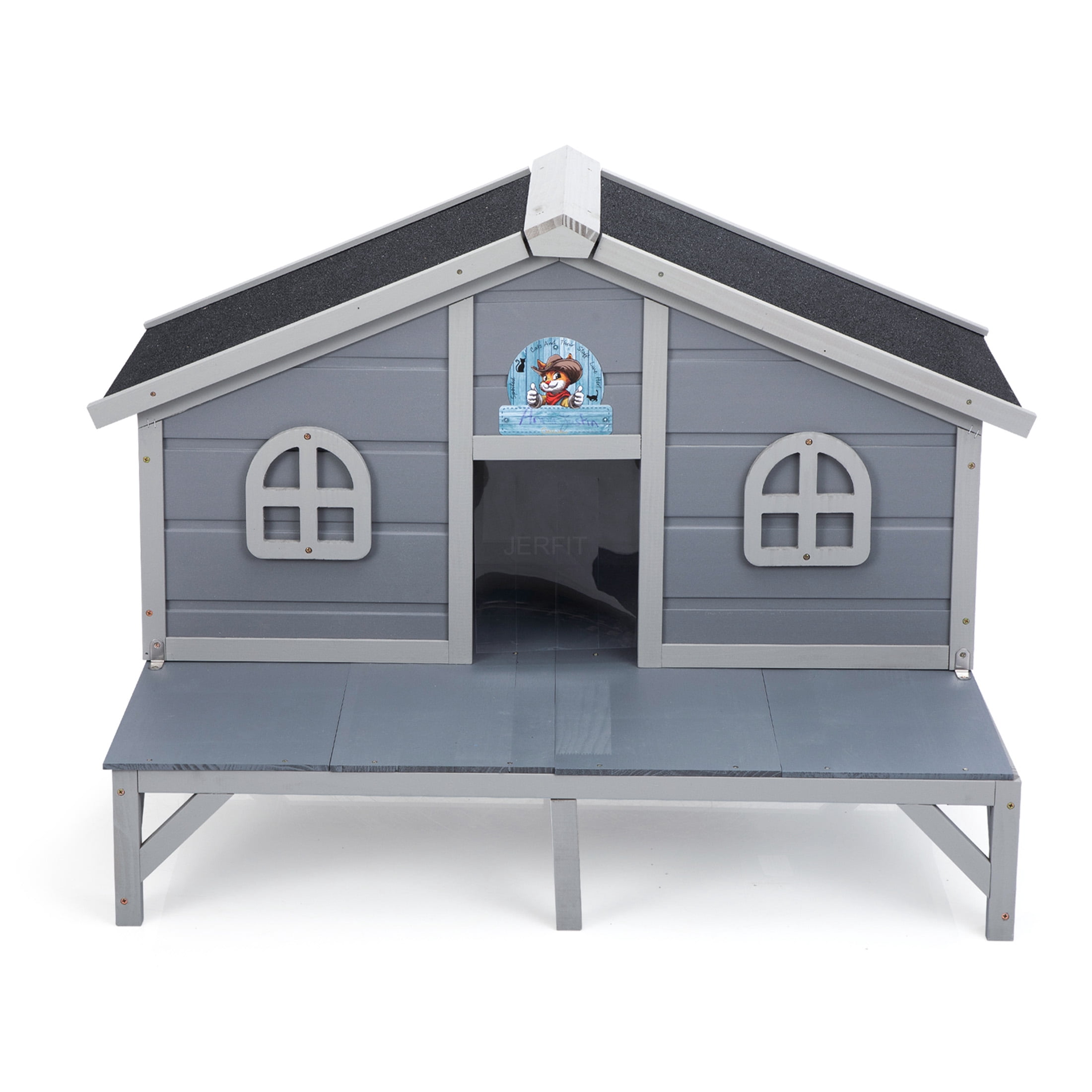 JERFIT All Weather Gray Wooden Cat House & Outdoor Enclosure with Lockable Door, Cozy Fringe Curtains for Large Cats & Kittens