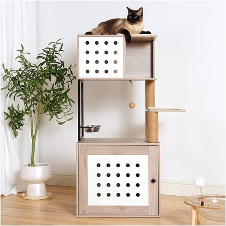JERFIT All-in-One Cat Tree Tower with Enclosed Litter Box, Cat Bed, Hammock, Feeding Station & Scratching Posts for Indoor Cats, Modern Pet Furniture, White and Gray