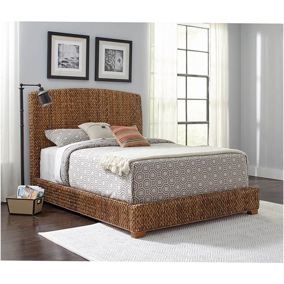 JERFIT Amber Banana Leaf Wood California King Bed Frame, Rustic Tropical Style Handwoven Headboard, Solid Wood Bedroom Furniture