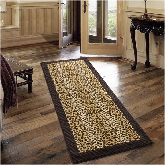 JERFIT Animal Print Area Rug 2.7x7.3 Feet, Beige and Black Tribal Leopard Tiger Pattern Modern Rug, Non-Shedding Stain Resistant Low Pile Indoor Carpet for High Traffic Areas, Housewarming