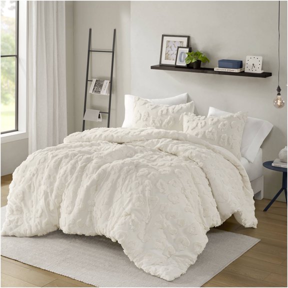 JERFIT Animal Print Chenille Comforter Set, Soft Microfiber Reverse, Hypoallergenic, Full Queen Size, White Bedding Set