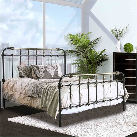 JERFIT Antique Black Full Size Metal Bed Frame with Gold Accents, Transitional Style Powder Coated Bedroom Furniture