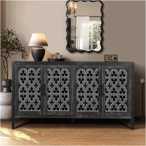 JERFIT Antique Black Hollow Door TV Stand Cabinet, Farmhouse Style Console Table with 4 Doors for Living Room, Kitchen & Entryway Storage