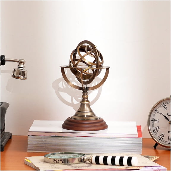 JERFIT Antique Brass Armillary Sphere Sculpture, Vintage Astronomy Globe on Wood Base, Elegant Desk & Shelf Decor for Home Office Library