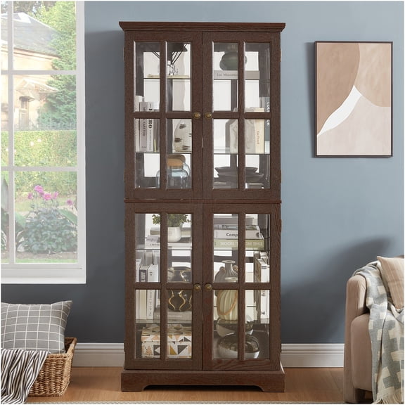 JERFIT Antique Cherry Wood Display Cabinet with Glass Doors & Lights, 4 Door Vintage Curio Cabinet with Adjustable Shelves for Home Office Collectibles Showcase