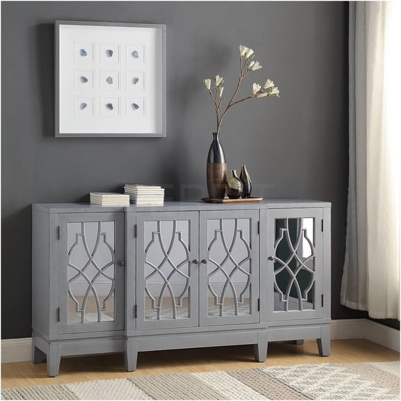JERFIT Antique Gray Console Table with Mirror Doors, 4-Shelf Storage Cabinet for Entryway, Living Room
