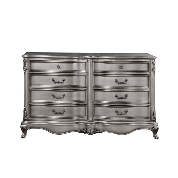 JERFIT Antique Silver Dresser, 9-Drawer Bedroom Chest with Tufted Details and Scroll Trim, Platinum Finish Storage Cabinet