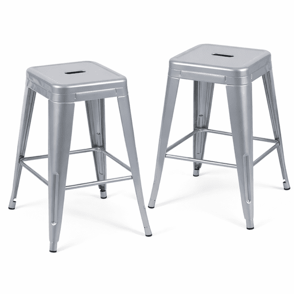 JERFIT Antique Silver Metal Bar Stools Set of 2, Backless Counter Height Stools for Kitchen Island, Diner, Cafe, Easy Assembly & Space-Saving Design