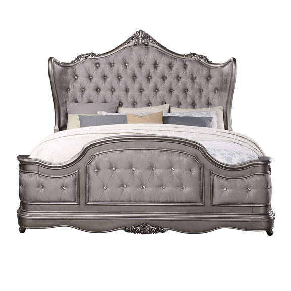 JERFIT Antique Silver Velvet Upholstered King Bed Frame with Tufted Headboard, Classic Scroll Design