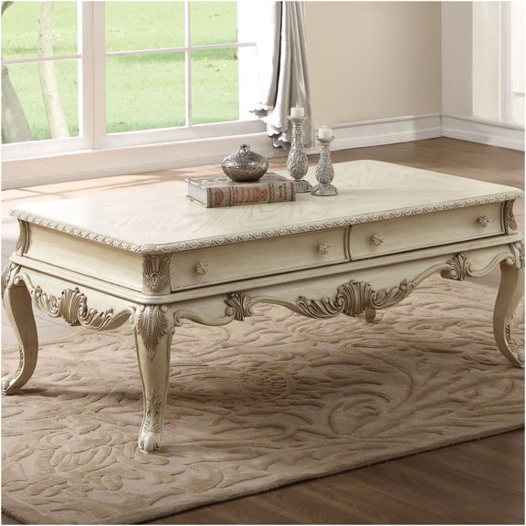 JERFIT Antique White Coffee Table with 2 Drawers, Cabriole Legs & Safety Stop for Living Room