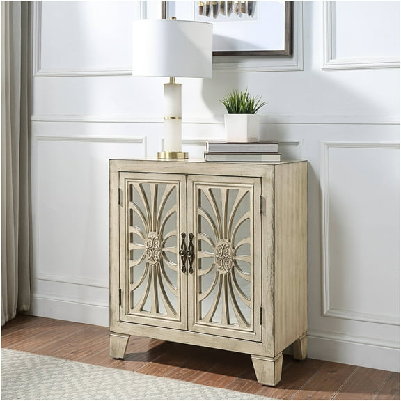 JERFIT Antique White Console Table with Mirrored Glass Doors, Entryway Hallway Sofa Table with Storage Cabinet, Farmhouse Chic Accent Table