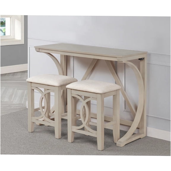 JERFIT Antique White Counter Height Dining Set with USB Ports, Foldable Table & 2 Stools for Small Space