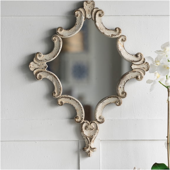 JERFIT Antique White Distressed Wall Mirror with Intricate Scrollwork, Diamond Shape Decorative Mirror for Living Room, Entryway, Bedroom or Office