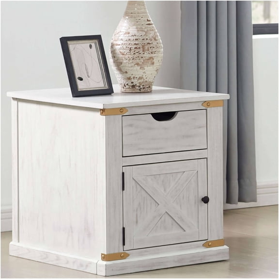 JERFIT Antique White End Table with Gold Metal Accents, Farmhouse Nightstand with Drawer and Shelf for Living Room, Bedroom