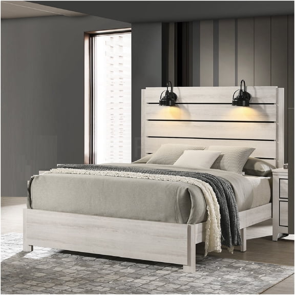 JERFIT Antique White Queen Bed with Lamps, Wood Platform Bed Frame, Rustic Farmhouse Style Bedroom Furniture, No Box Spring Needed