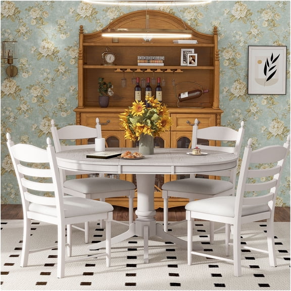 JERFIT Antique White Retro Dining Table Set for 4 with Extendable Round Table and Upholstered Chairs, Solid Wood Kitchen Furniture Set