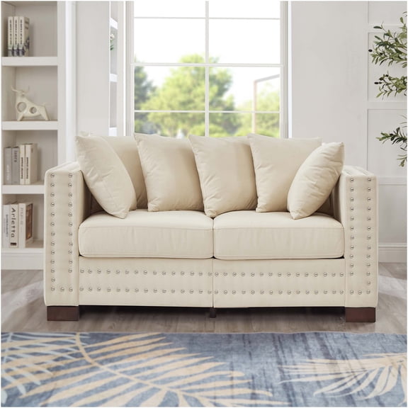 JERFIT Apricot Velvet Loveseat Sofa with Storage, Modern Square Arm Upholstered Couch with Silver Nail Trim for Living Room, Apartment