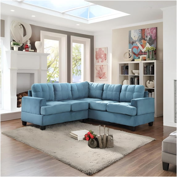JERFIT Aqua Blue Microfiber Sectional Sofa Couch with Chaise, Reversible L-Shaped Living Room Couch with Pocketed Coil Cushions, Easy Assembly Apartment Sofa